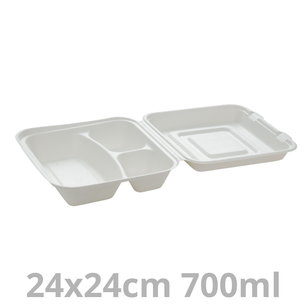 [PUL2021-SAT] Boite lunch blanc 3 compartiments BEPULP 500+100+100ml 24x24cm 4x50pcs