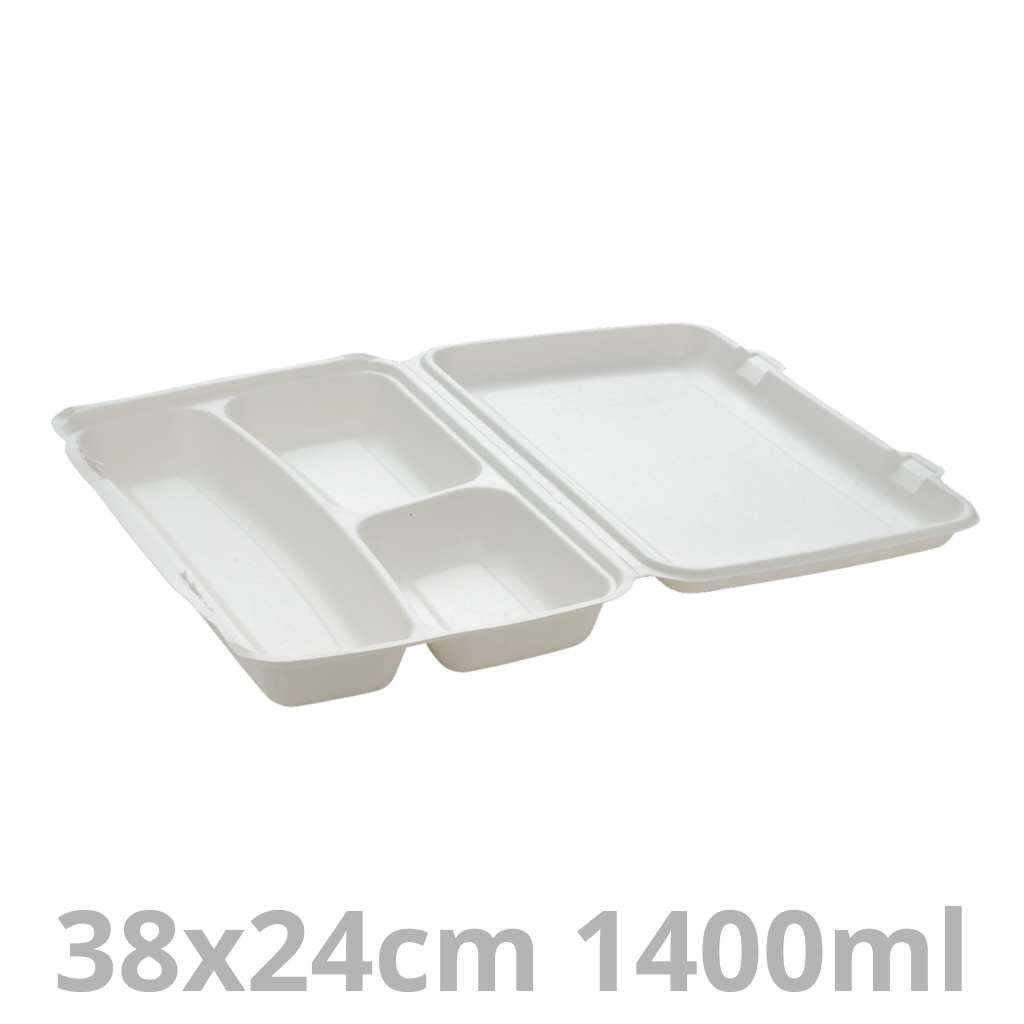 Boite repas rectangulaire blanc 3 compartiments BEPULP 700+400+300ml 38x48cm 2x50pcs