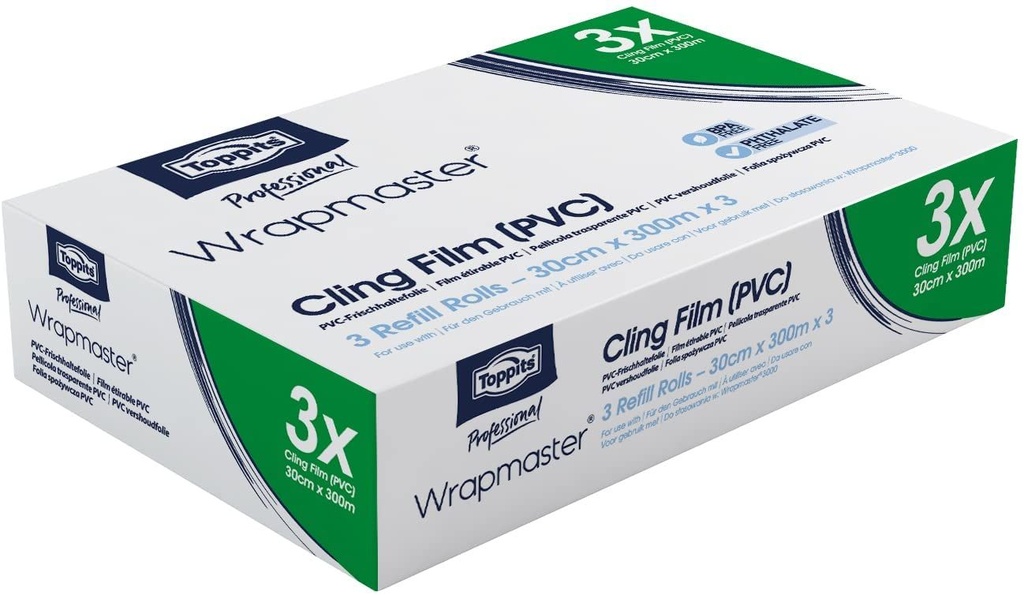 Film alimentaire transparent recharge WRAPMASTER TOPPITS PVC 7µ 30cm x 300m 3 rouleaux