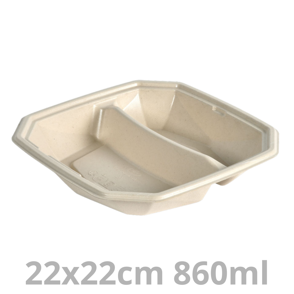 Saladier octogonal laminé 2 compartiments 520/340ml BAGASSE 22x22cm 4x50pcs