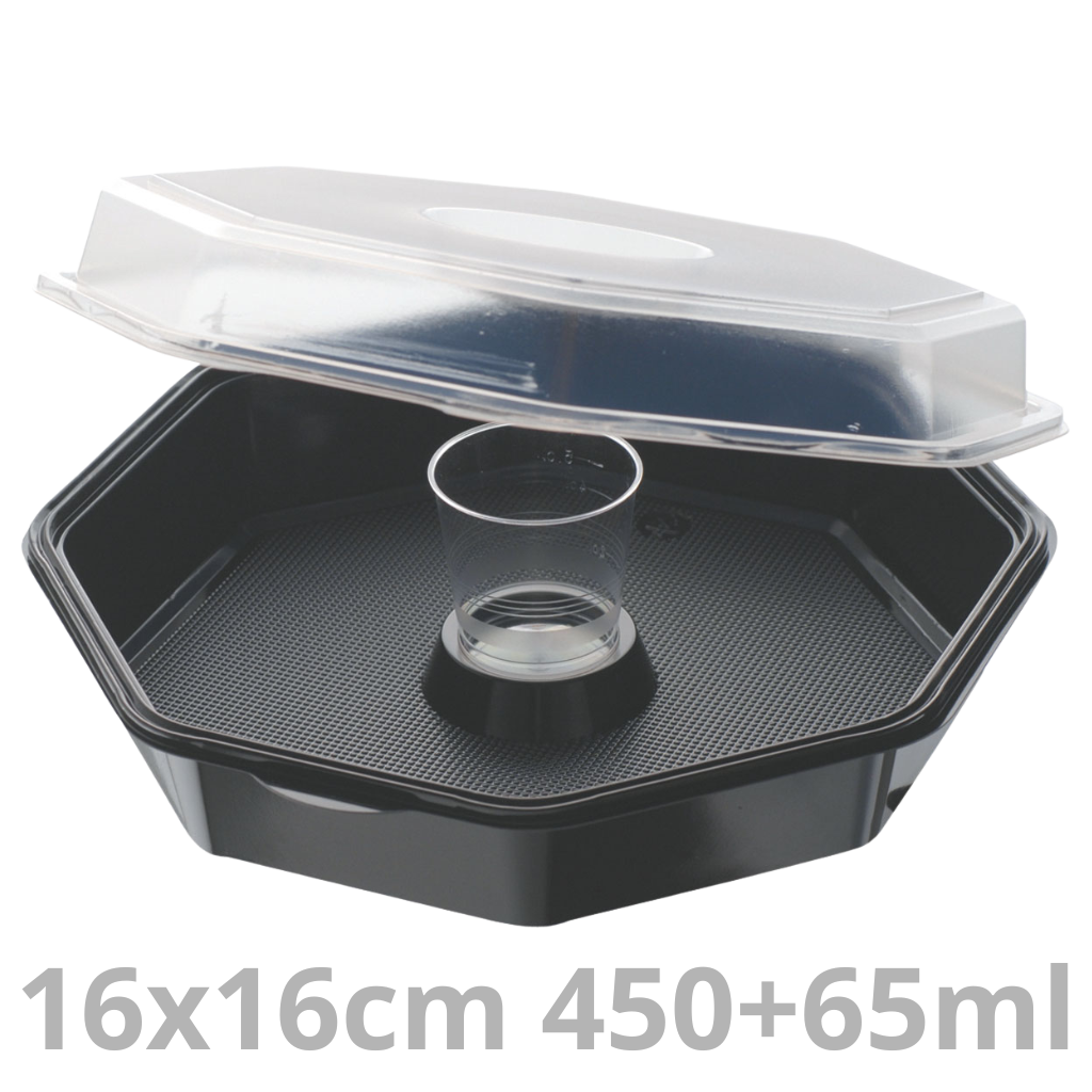 OCTAVIEW ravier octogonal noir avec pot à sauce et couvercle transparent 450+65ml 16x16x6cm 360pcs