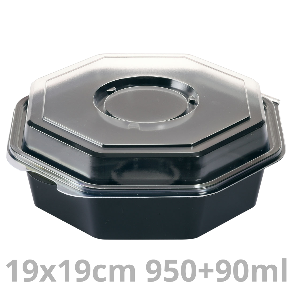 OCTAVIEW ravier octogonal noir avec pot à sauce et couvercle transparent 950+90ml 19x19x7cm 240pcs