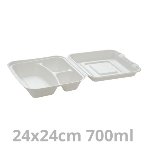[PUL2021-SAT] Boite lunch blanc 3 compartiments BEPULP 500+100+100ml 24x24cm 4x50pcs