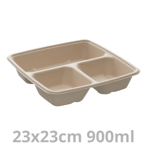 [PUL49348-SAT] Barquette carrée 3 compartiments BEPULP 900ml 23x23cm 4x75pcs