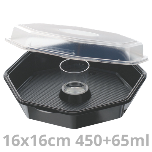 [149867-DUI] OCTAVIEW ravier octogonal noir avec pot à sauce et couvercle transparent 450+65ml 16x16x6cm 360pcs
