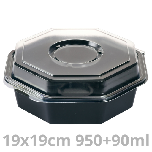 [157541-DUI] OCTAVIEW ravier octogonal noir avec pot à sauce et couvercle transparent 950+90ml 19x19x7cm 240pcs